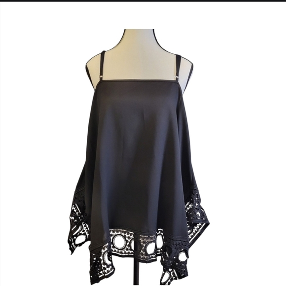 Black Flowy Top with Lace Hankerchief Trim And Adjustable Ties - Picture 1 of 5